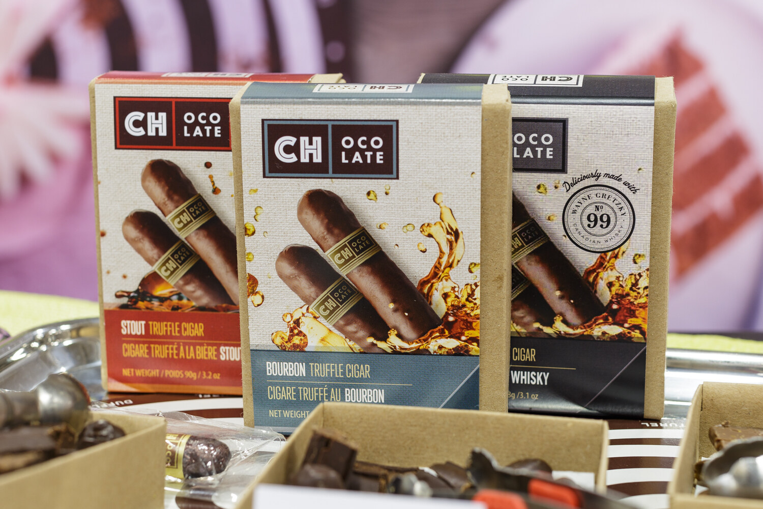 Boxed chocolate cigars labeled CH Chocolate in stout, bourbon and whisky flavors.