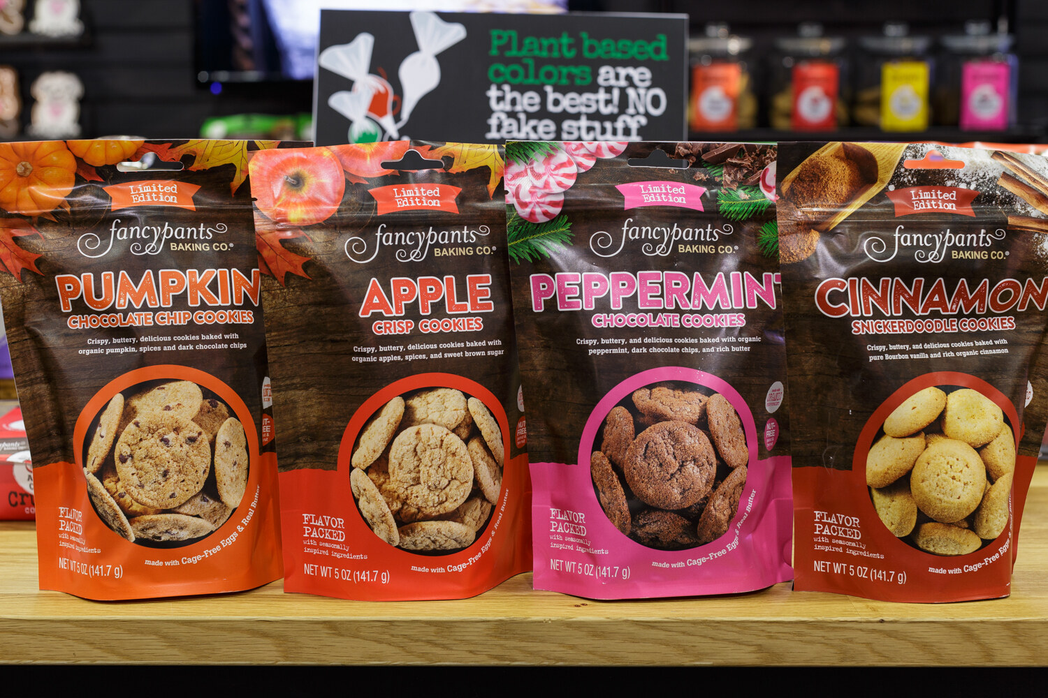 Bags of cookies in pumpkin, apple, peppermint and cinnamon flavors.