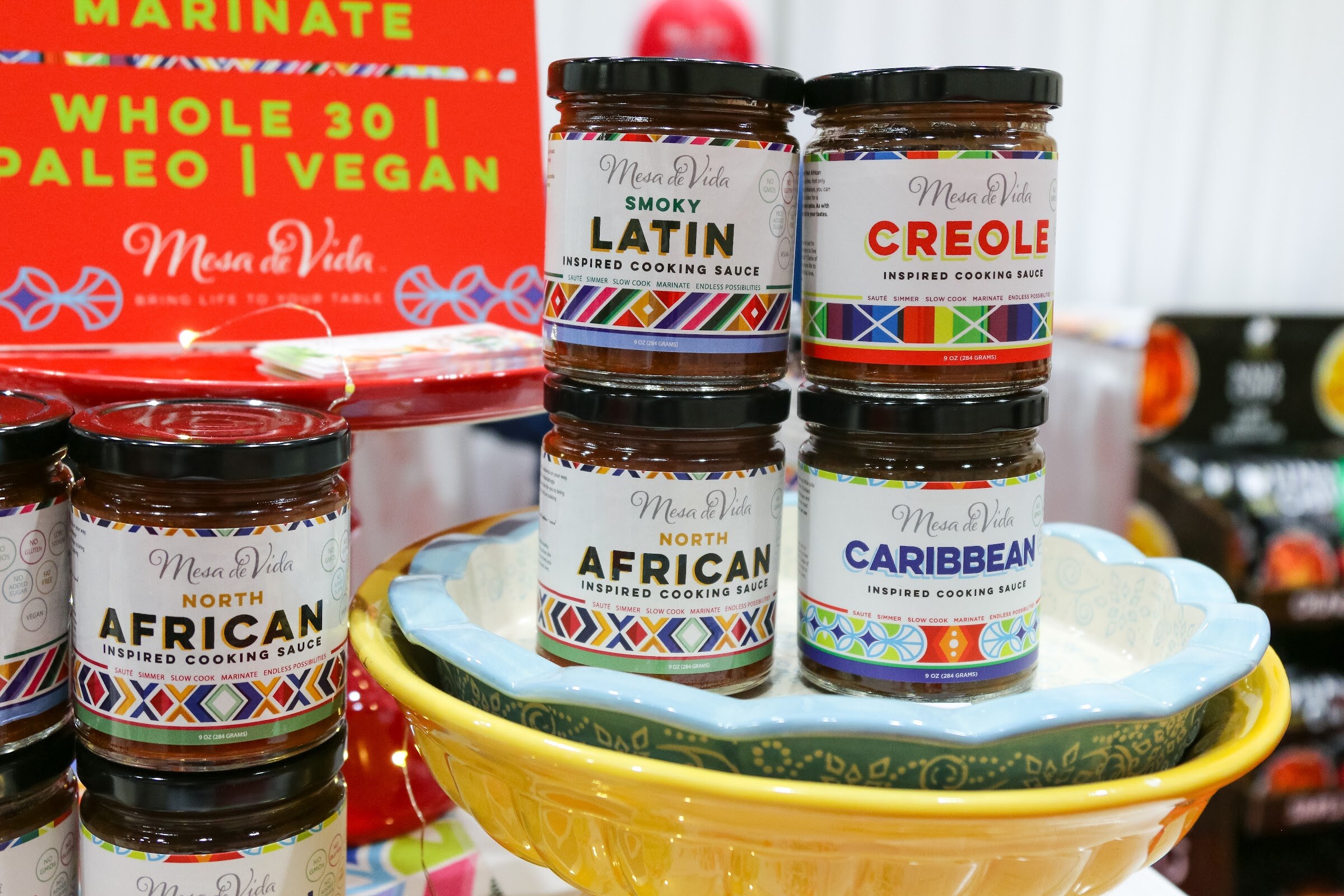 Jars of Latin, Creole, North African and Caribbean cooking sauces.
