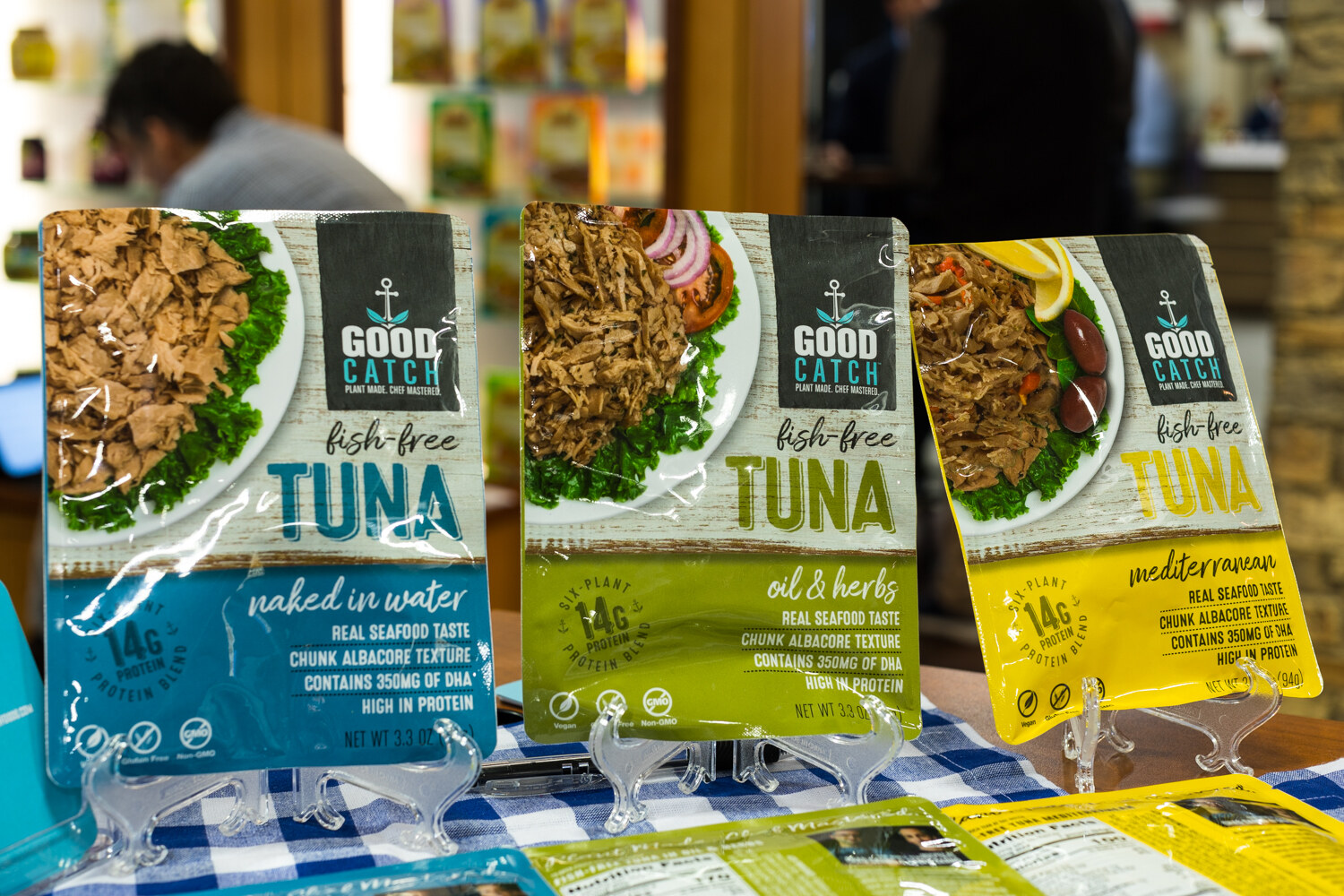 Photo of Good Catch fish-free tuna pouches in three flavors.