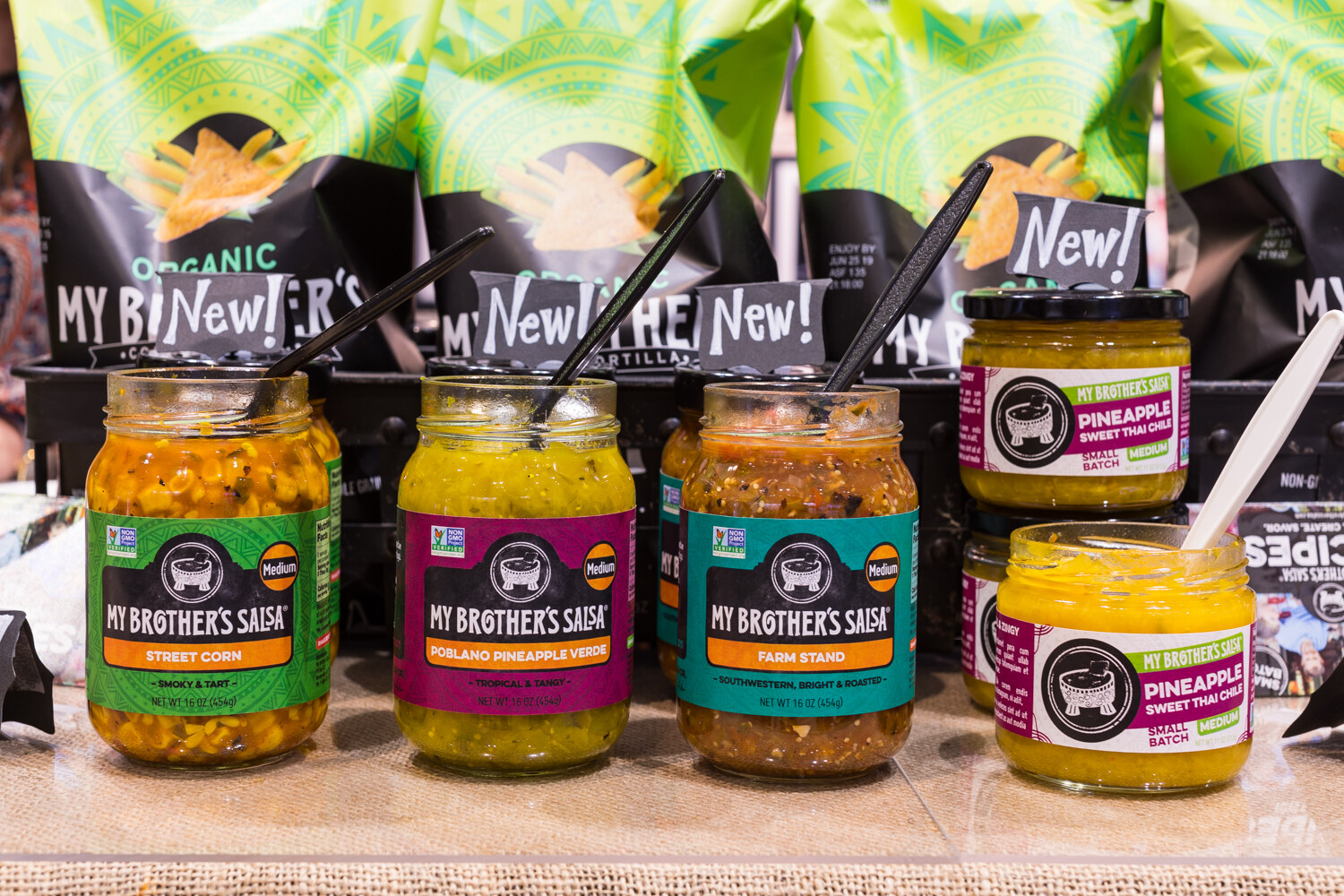 Photo of jars of My Brother's Salsa in a shelf display.