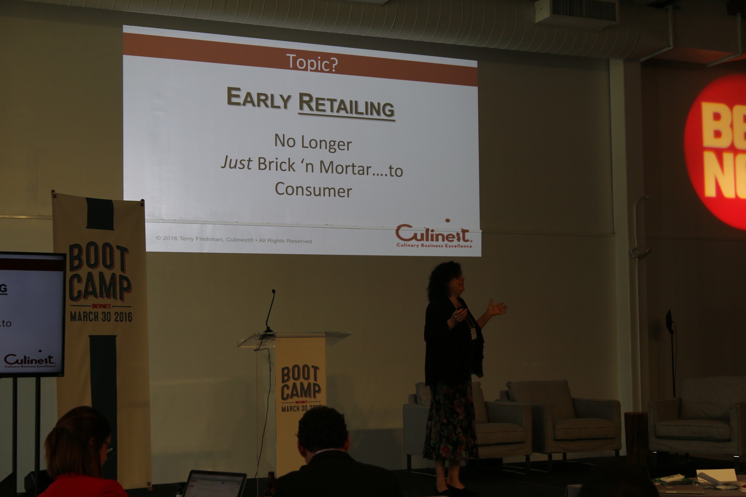 Presenter beside screen Early Retailing No Longer Just Brick n Mortar to Consumer (Culinet), BevNET logo.