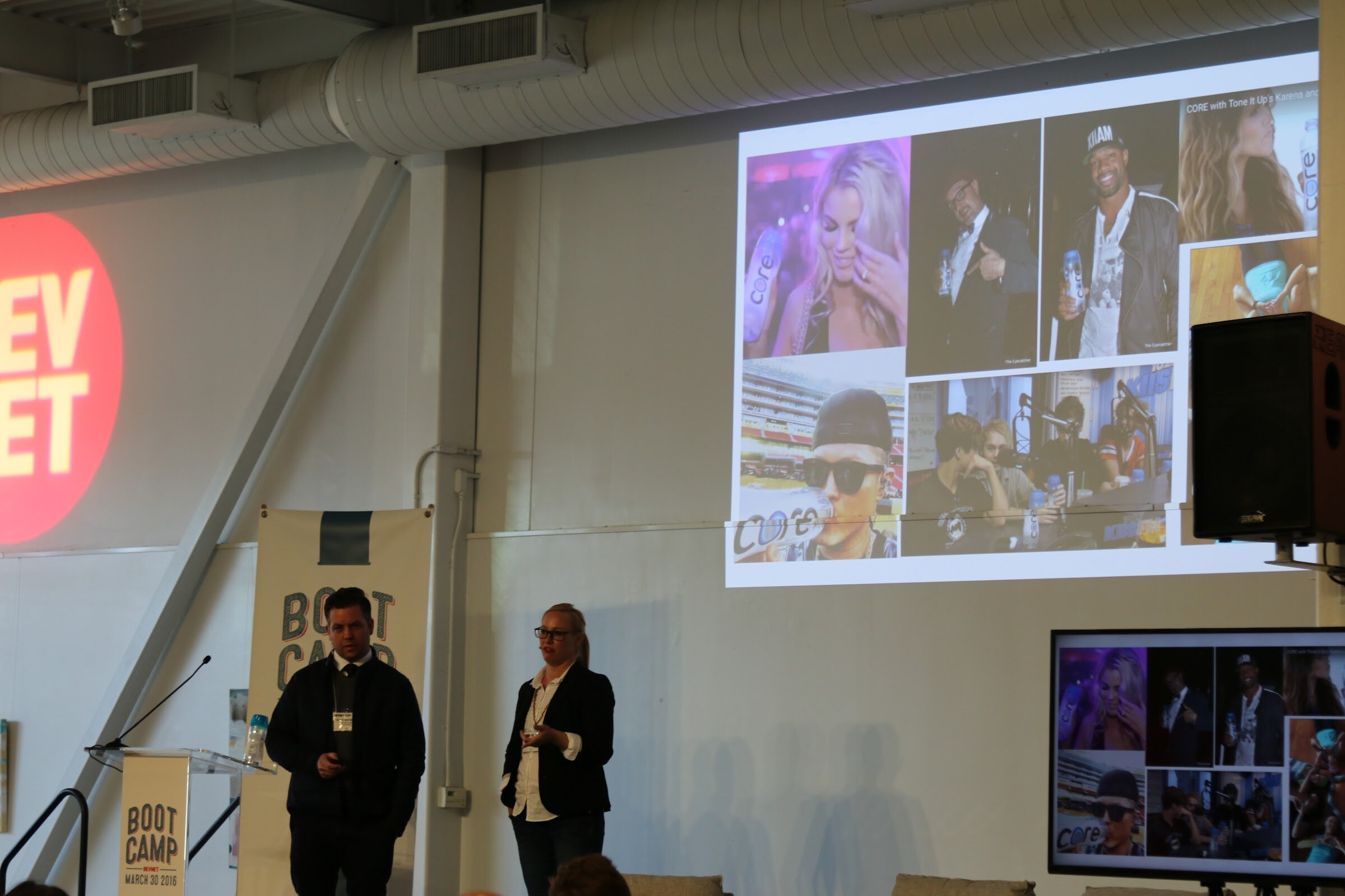 Two presenters Core slide collage of celebrity photos with Core bottles.