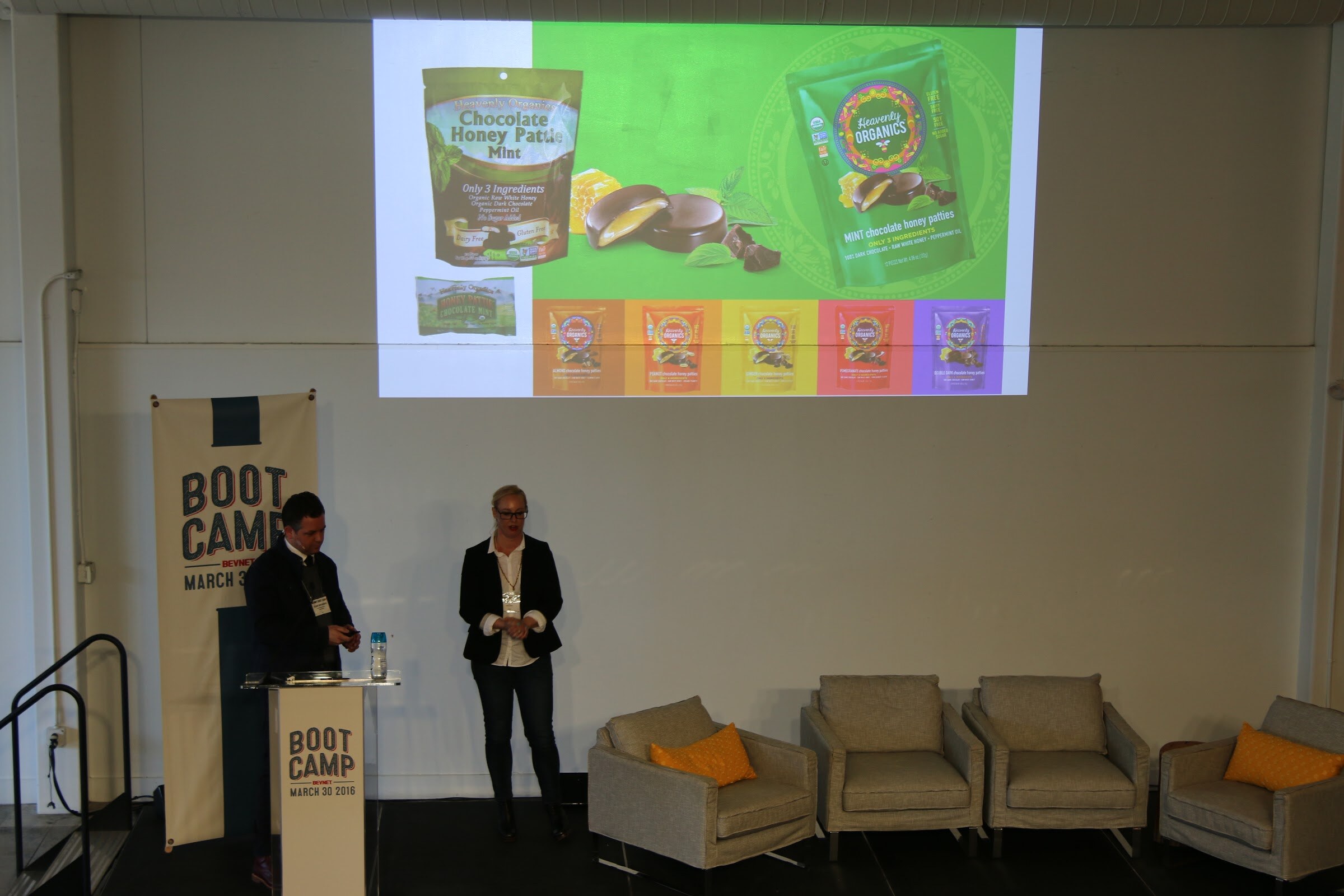 Two presenters, slide Heavenly Organics Chocolate Honey Patties.