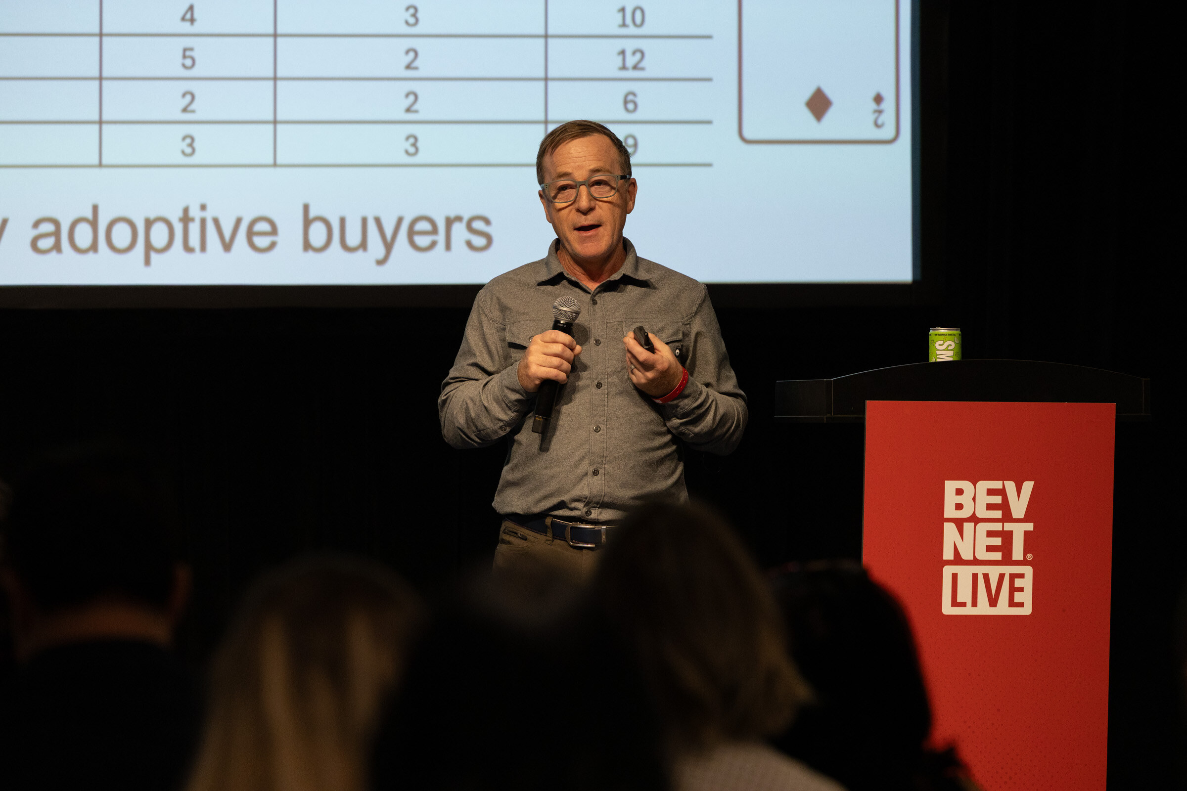 Man in a grey button-up shirt speaking beside a BevNET Live podium under a slide about early adoptive buyers.