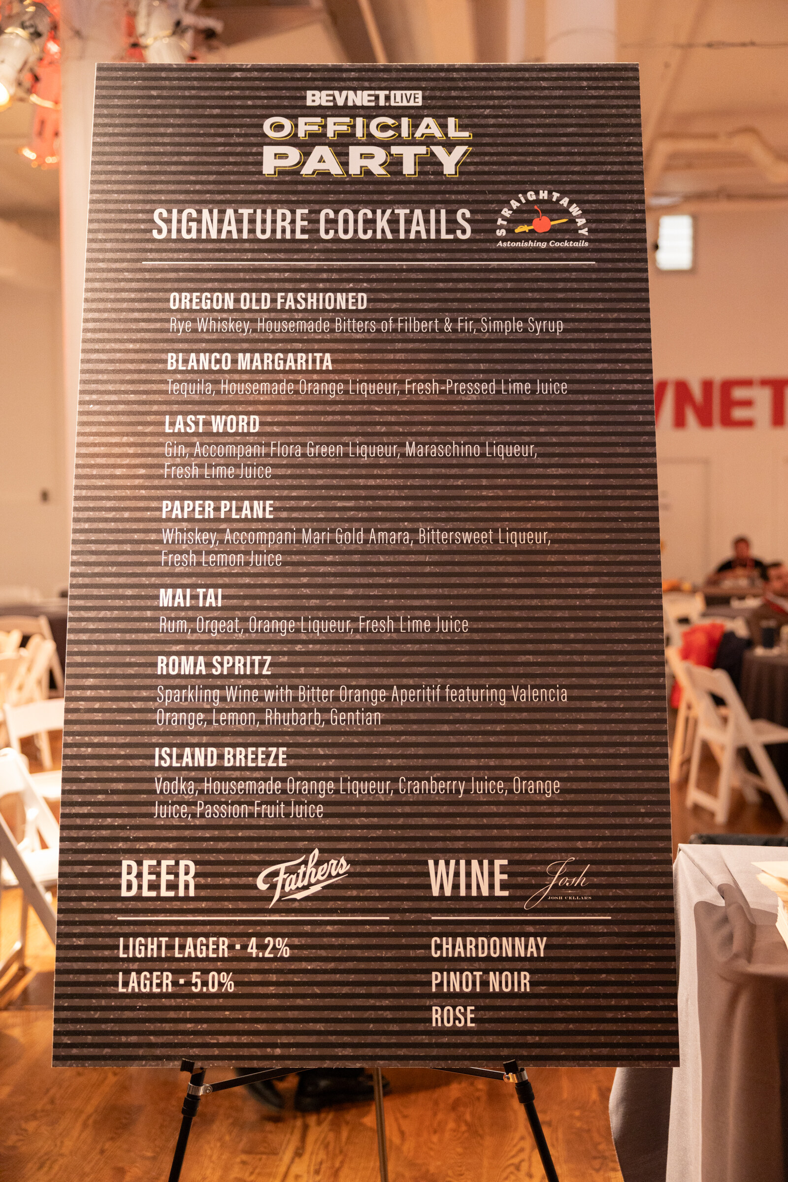Black easel sign reading BevNET Live Official Party Signature Cocktails, listing cocktails, beer and wine.