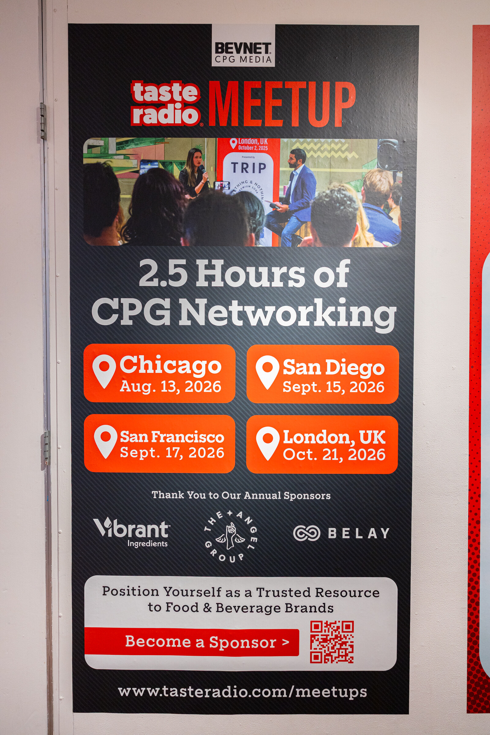Poster reading Taste Radio Meetup, 2.5 Hours of CPG Networking, listing Chicago, San Diego, San Francisco and London dates.