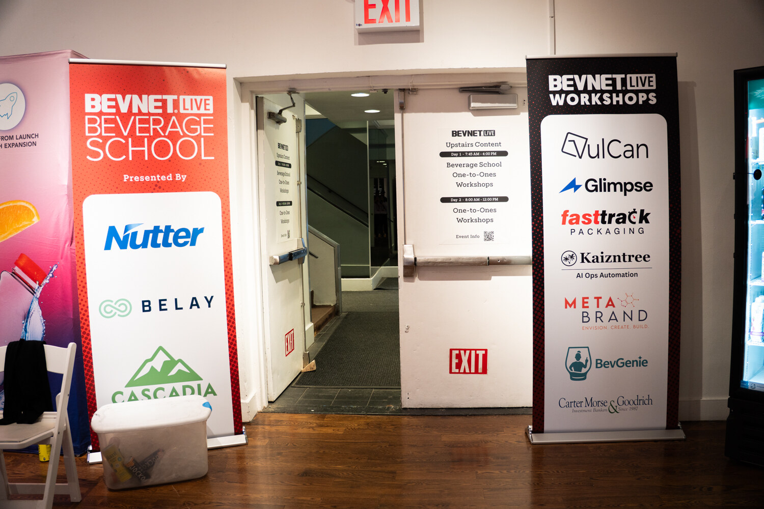 Two pull-up banners, one for BevNET Live Beverage School presented by Nutter, Belay and Cascadia, and one listing workshop sponsors.