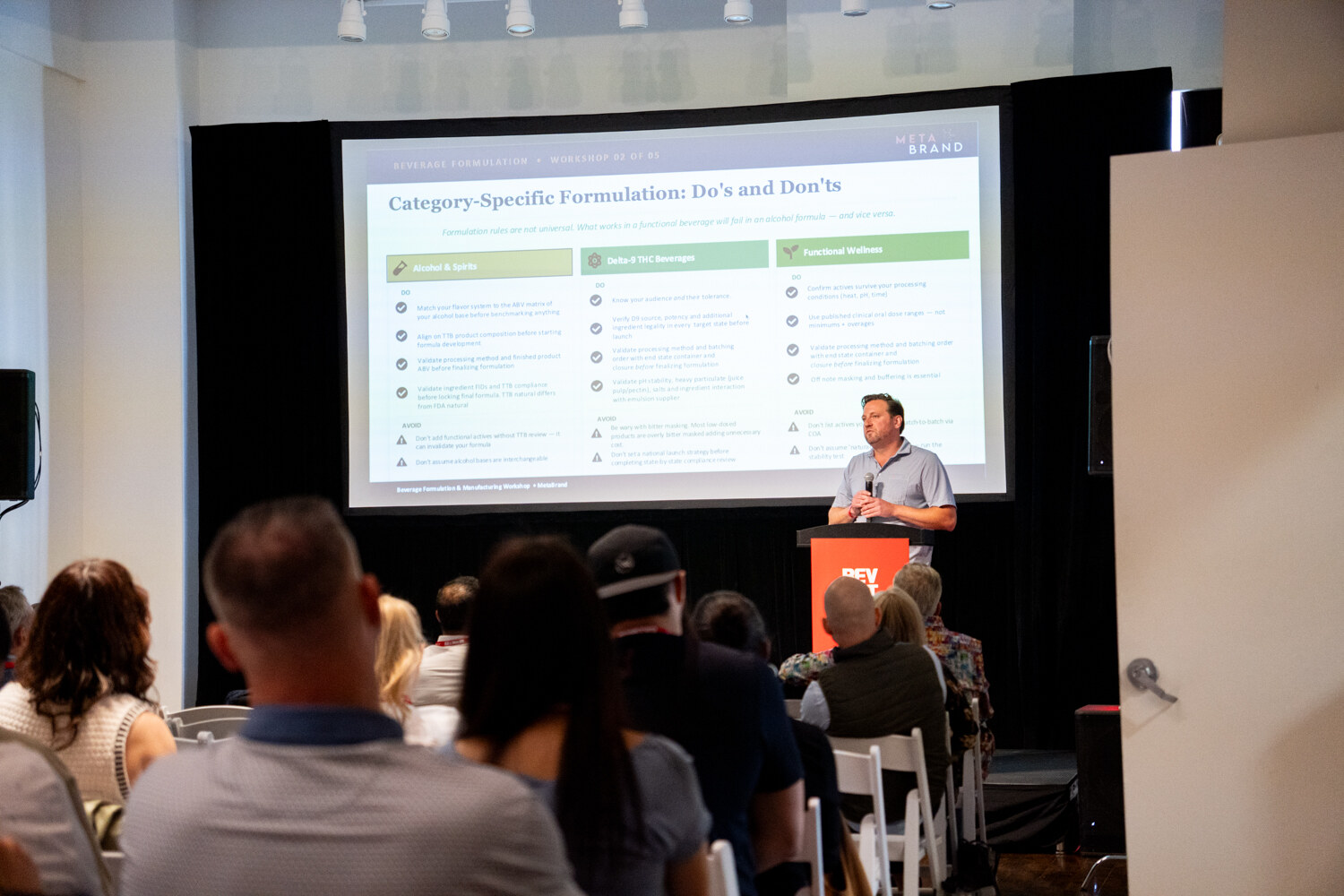 Speaker at a podium in front of a formulation slide, seen past seated attendees.