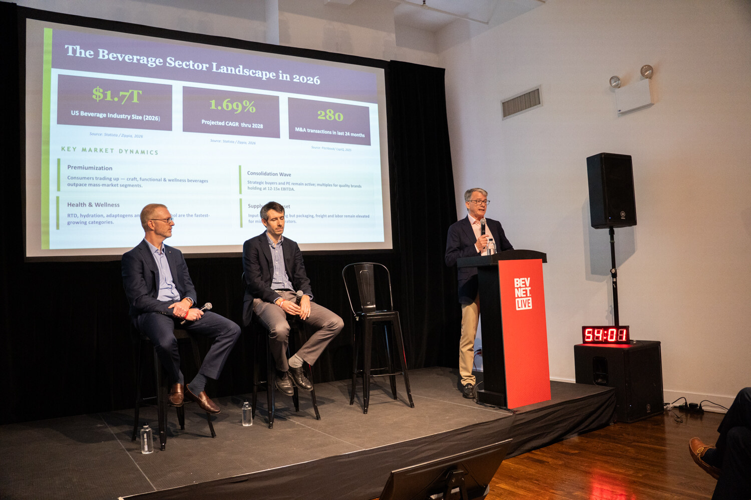 Two men seated on stools and one at a red BevNET Live podium beneath a slide titled “The Beverage Sector Landscape in 2026.”