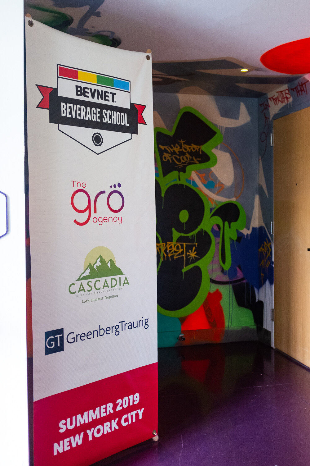 BevNET Beverage School banner reading Summer 2019 New York City with logos for The Gro Agency, Cascadia and Greenberg Traurig.
