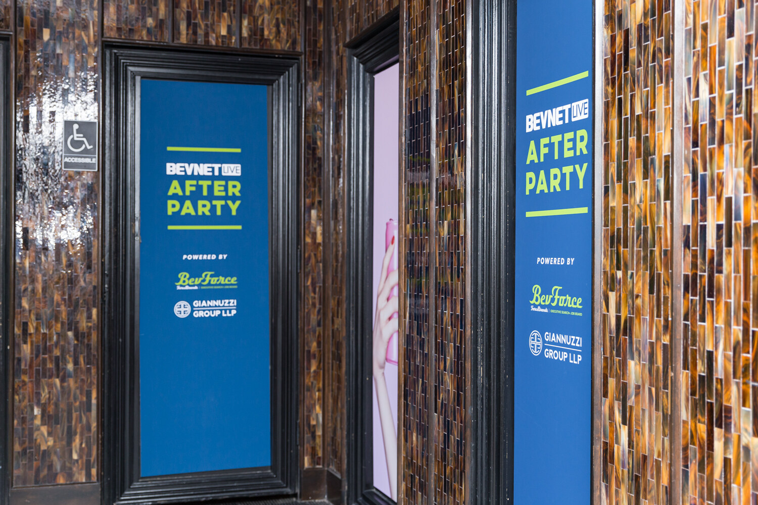 BevNET Live After Party sign powered by BevForce and Giannuzzi Group LLP beside a mirrored doorway.