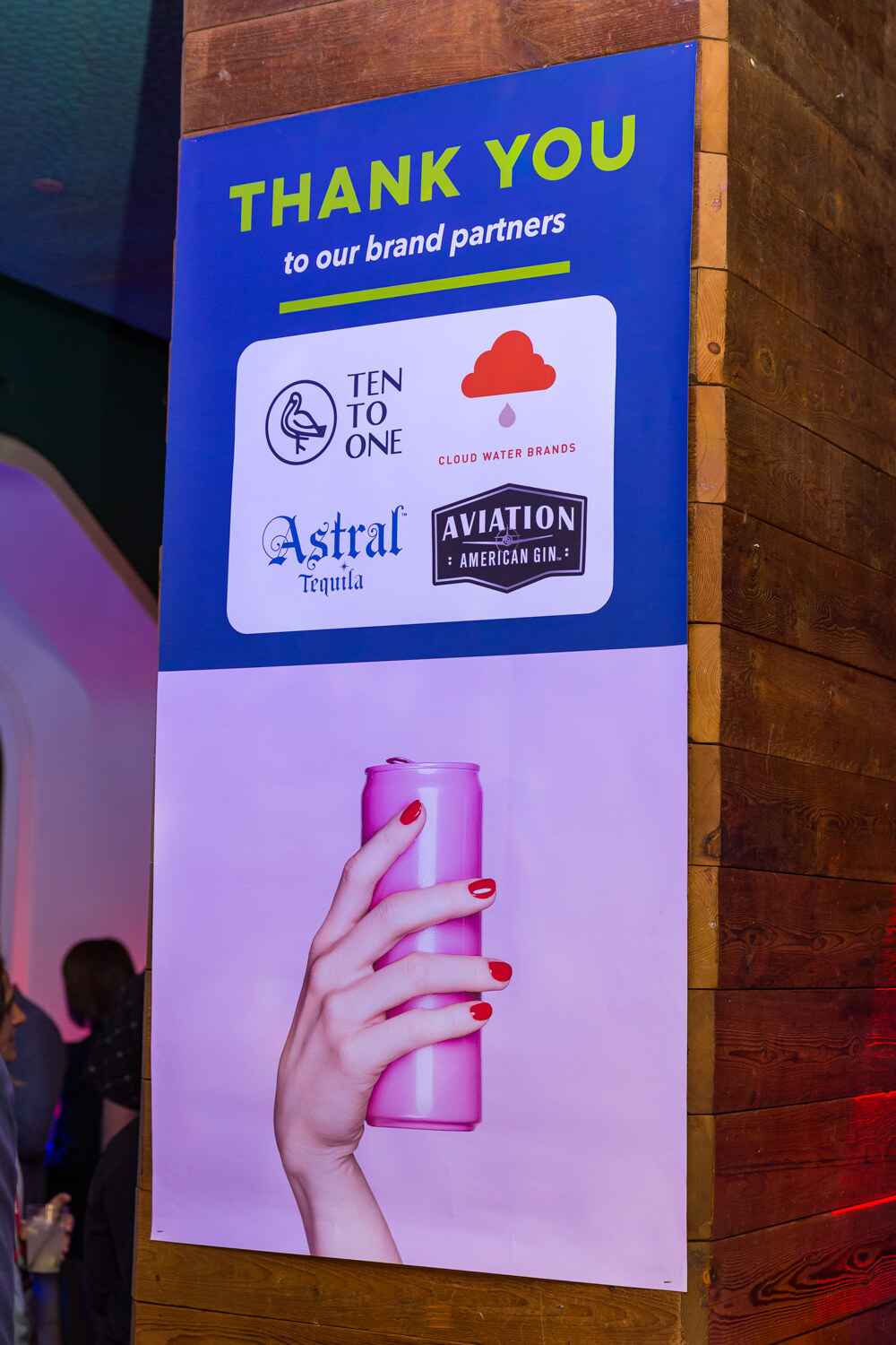 Thank You to our brand partners sign showing Ten to One, Astral Tequila and Aviation American Gin logos.
