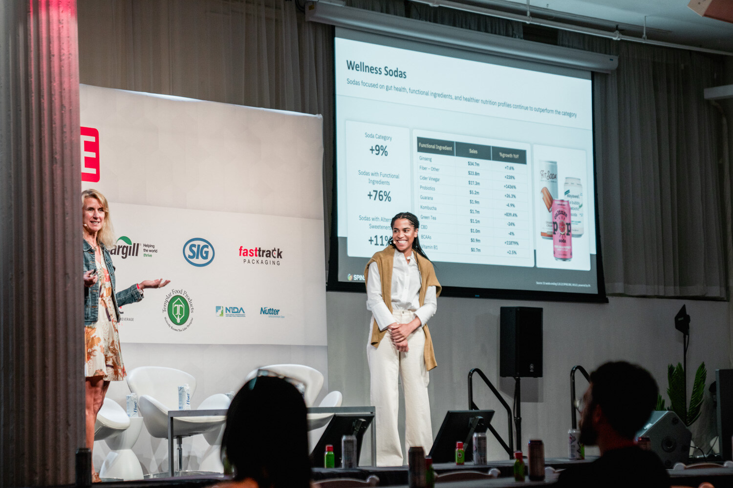 Two presenters stand on stage, one near a podium and one near a large screen listing Wellness Sodas sales data.