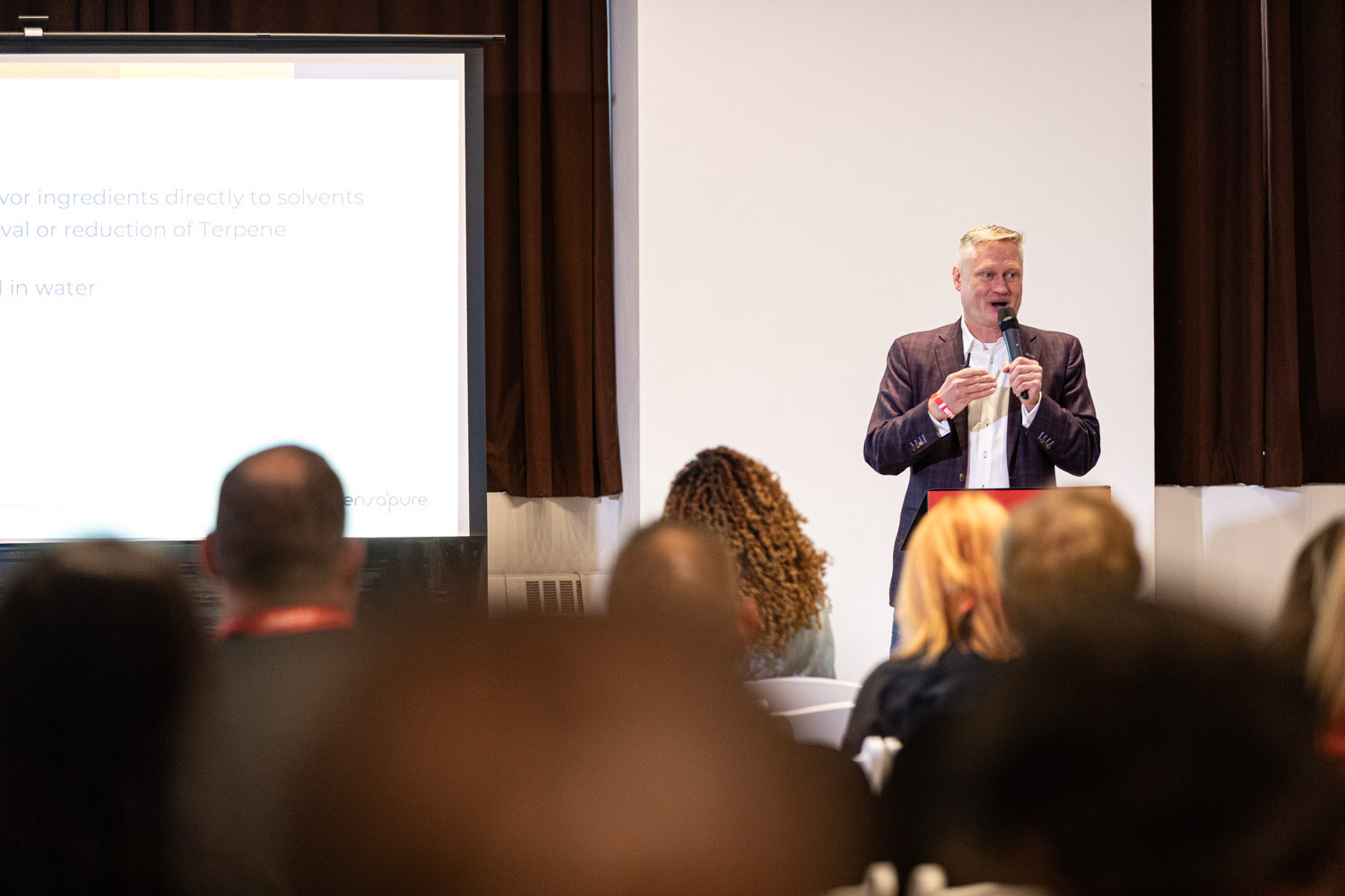 Workshop leader presents in front of a projector screen with attendees in the foreground.