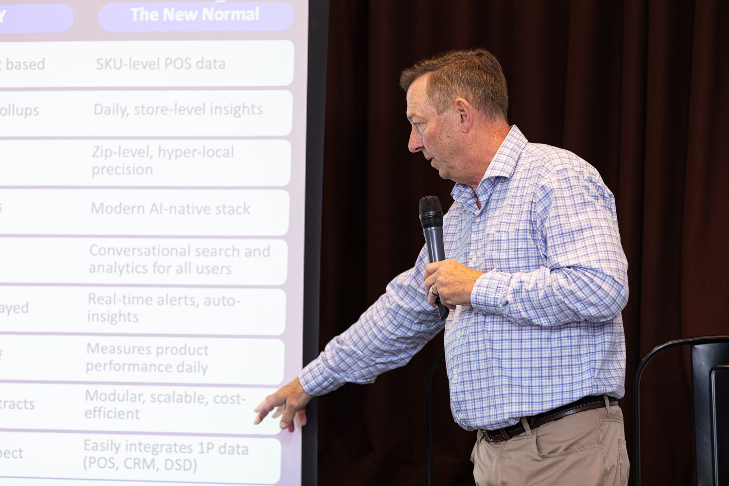 A man in a checked shirt holds a microphone and points at a slide listing real-time alerts and POS data.