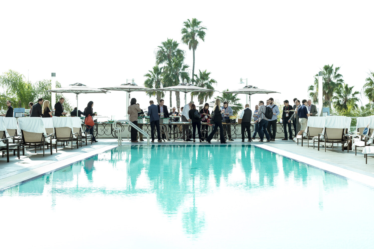 A bright turquoise pool in the foreground with attendees clustered at a buffet along the far side, between white-draped lounge chairs, umbrellas and tall palm trees.