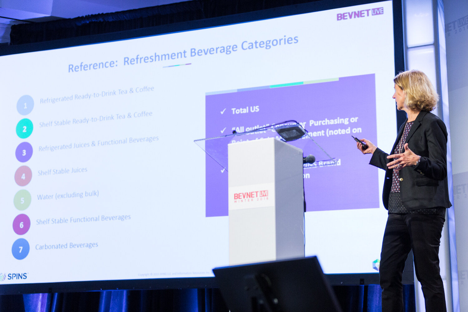 A woman in a black blazer holds a clicker beside the lectern while a screen reads Reference: Refreshment Beverage Categories, listing refrigerated and shelf-stable tea and coffee, juices, water and carbonated beverages, with a SPINS logo.