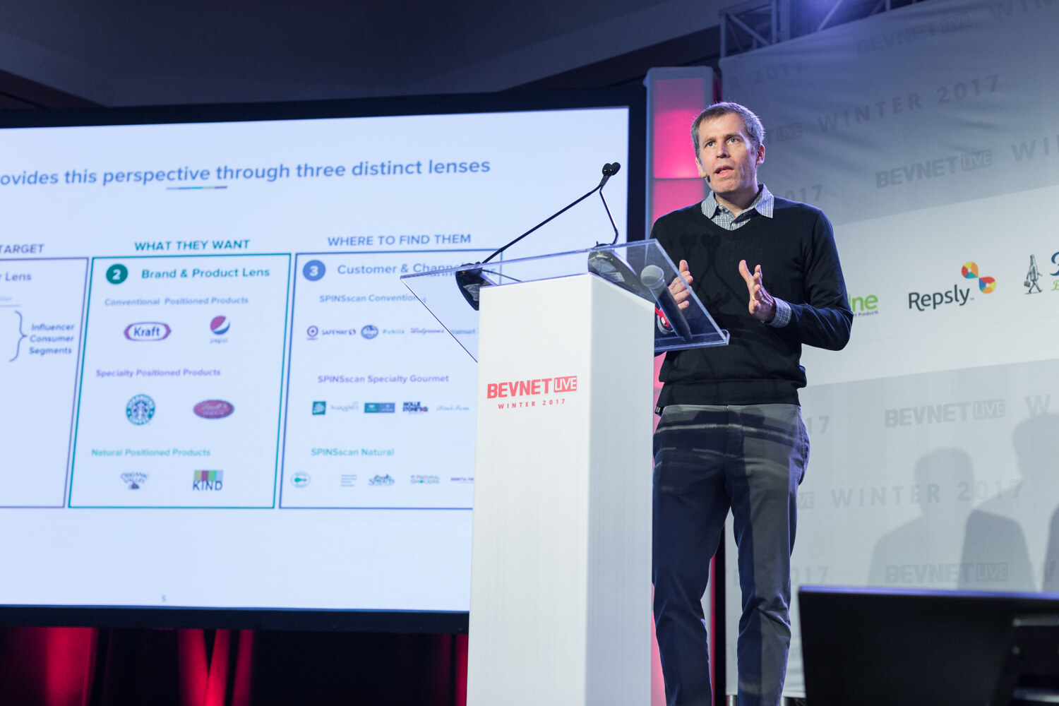 A man in a black sweater at a white lectern speaks with both hands raised beside a large slide titled three distinct lenses showing brand logos.