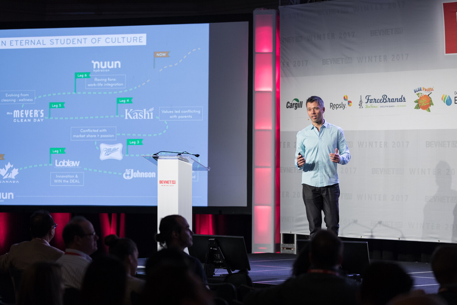 A man in a light blue shirt stands on stage next to a white lectern, with a large slide reading An eternal student of culture and a timeline mentioning nuun, Kashi and Mrs. Meyer's Clean Day.