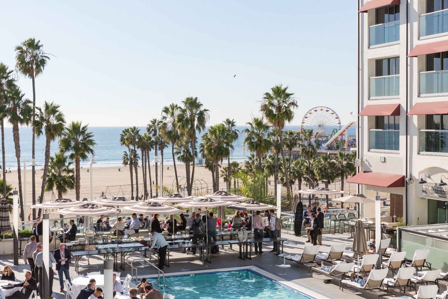 Pool, palm trees and umbrellas with the beach and a Ferris wheel in the distance.