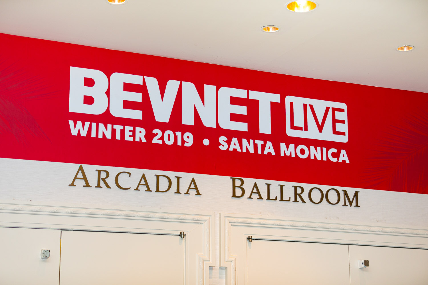 A red banner reading BevNET Live Winter 2019 Santa Monica above the words Arcadia Ballroom.