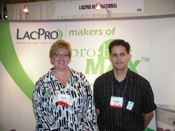 Melinda Schriver and Greg Borjab M.D. of LacPro at the LacPro display at Expo East 2007. The photo is unavailable, so this is based on the listed names, brand and event.