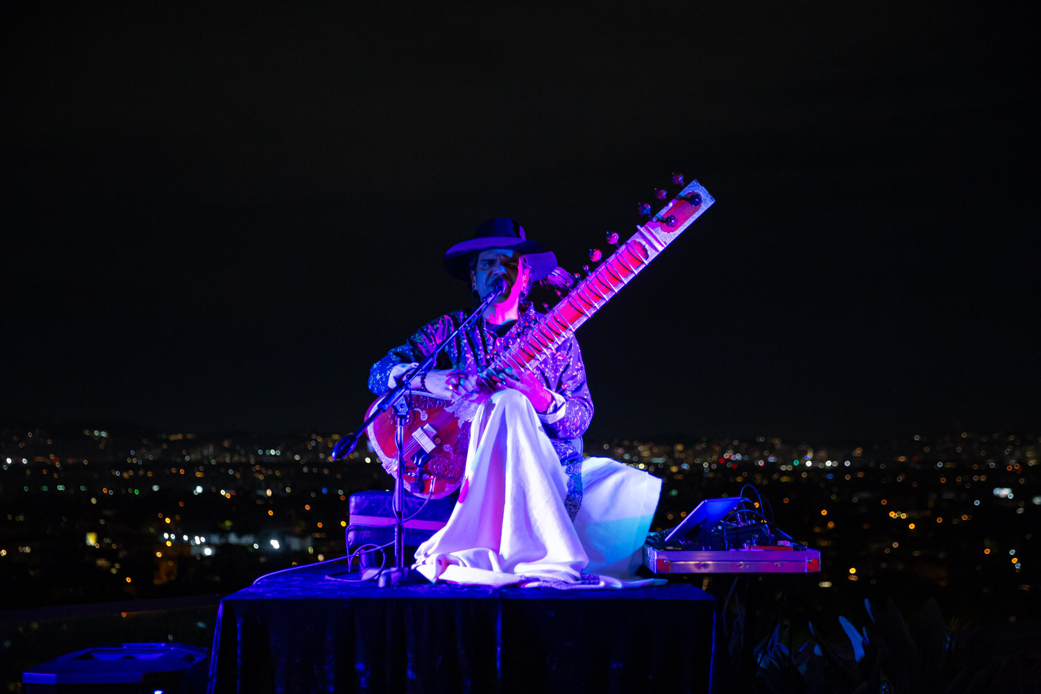 A person in a hat plays a sitar lit in purple at night with city lights below.