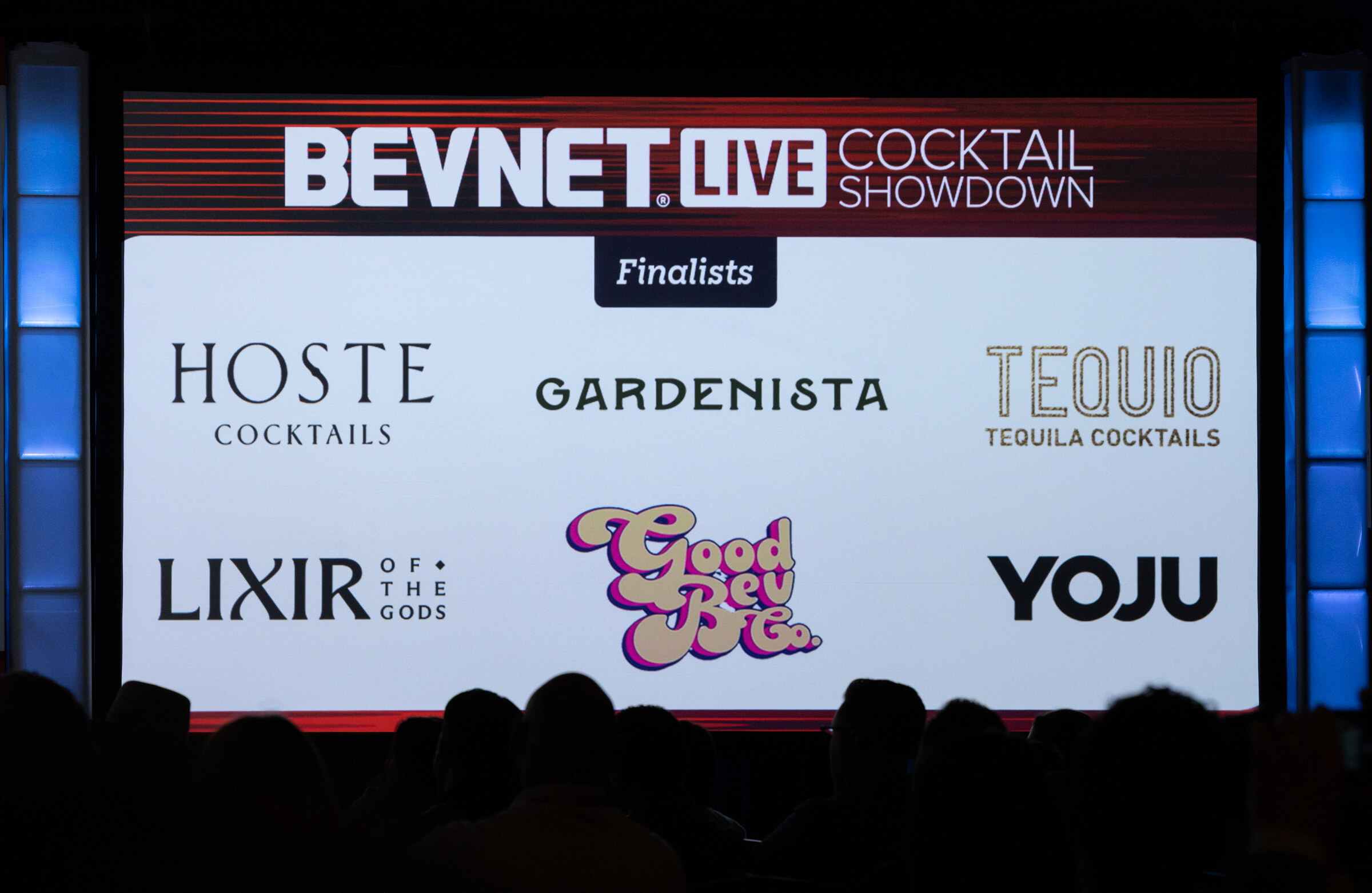A large screen reading BevNET Live Cocktail Showdown Finalists lists six brand logos.