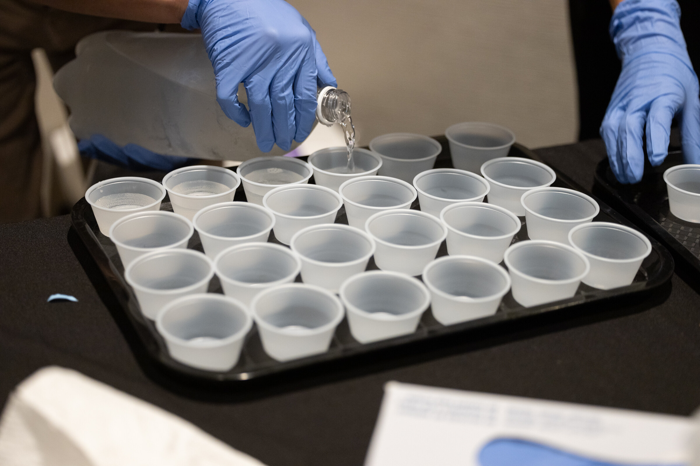 Gloved hands pour liquid into a tray of clear plastic sample cups.