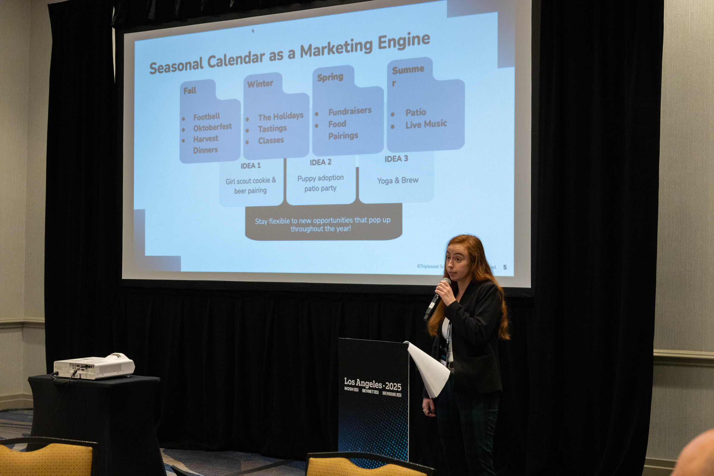 Presenter with a microphone standing beside a projection screen reading Seasonal Calendar as a Marketing Engine.