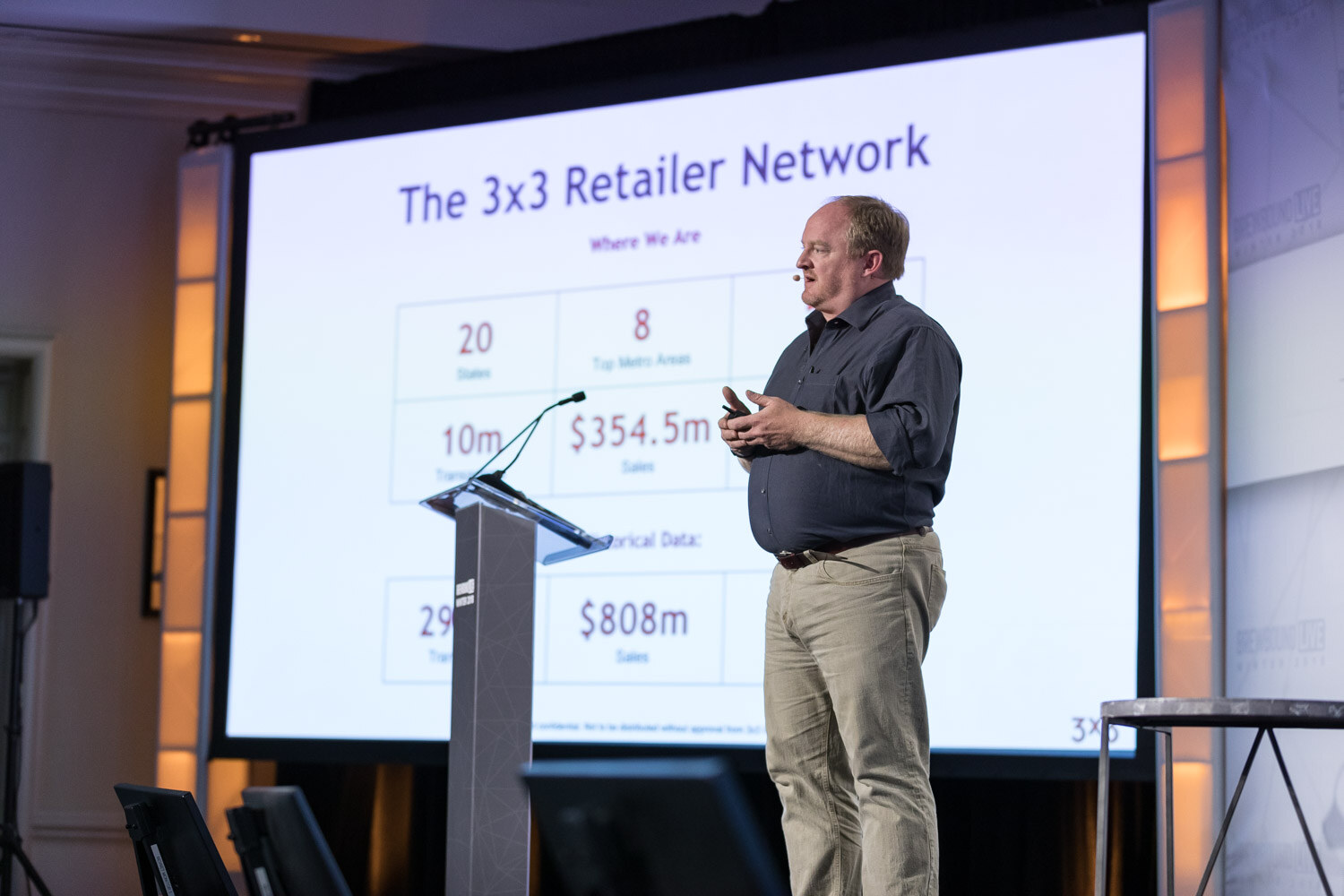 A man at a podium on stage beside a large screen showing the 3x3 Retailer Network with sales figures.