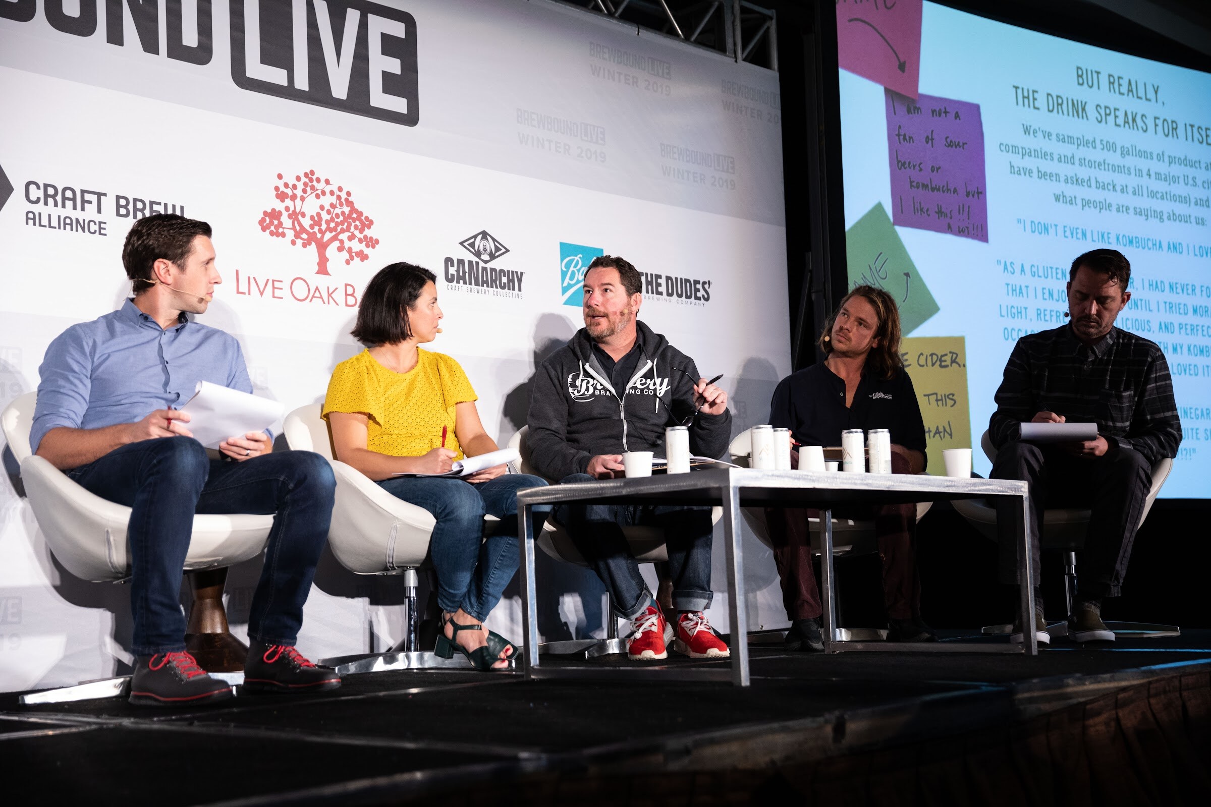 Five seated judges at a table in front of the Brewbound Live backdrop with a slide of colored sticky notes.