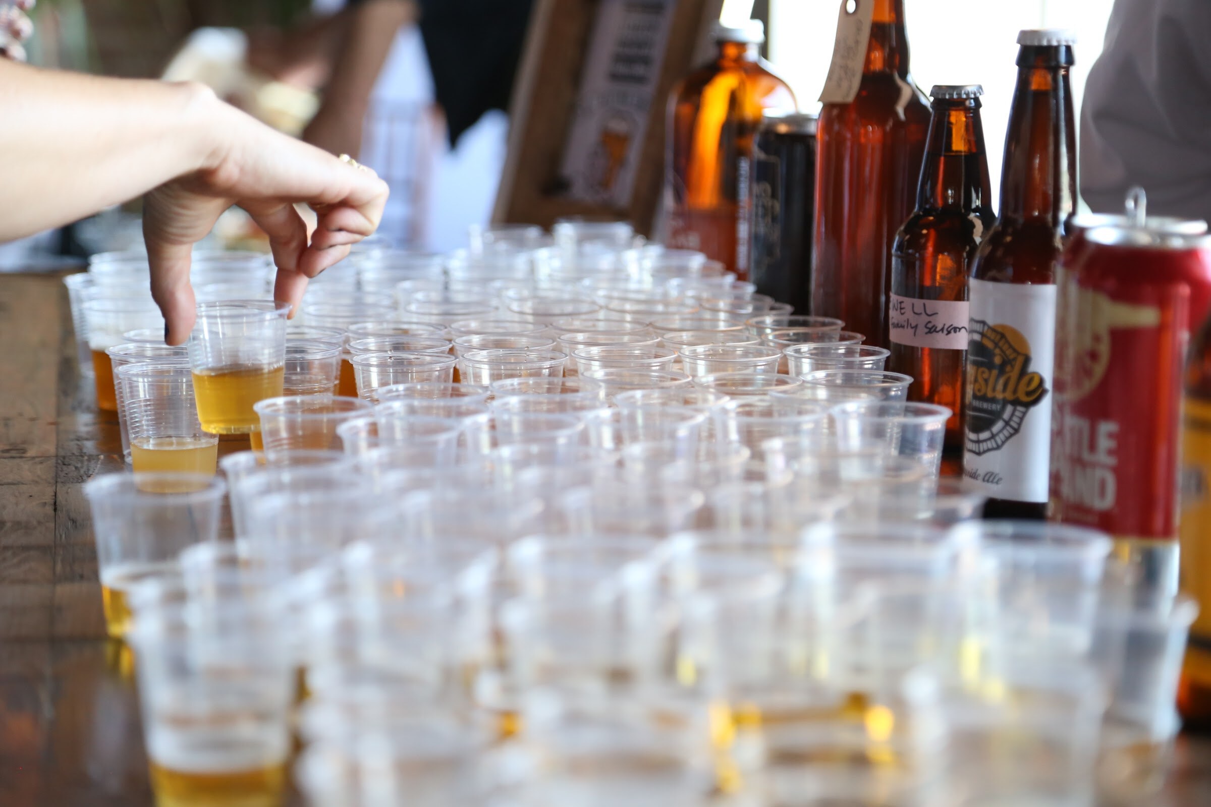 Rows of clear plastic sample cups on a wooden table with amber bottles and a red Castle Island can at the right, and a hand picking up one cup.