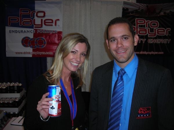 Jennifer and Brandon of ProPlayer Energy at the ProPlayer Energy display at the NACS 2007 trade show. The photo is unavailable, so this is based on the listed people, brand and event.