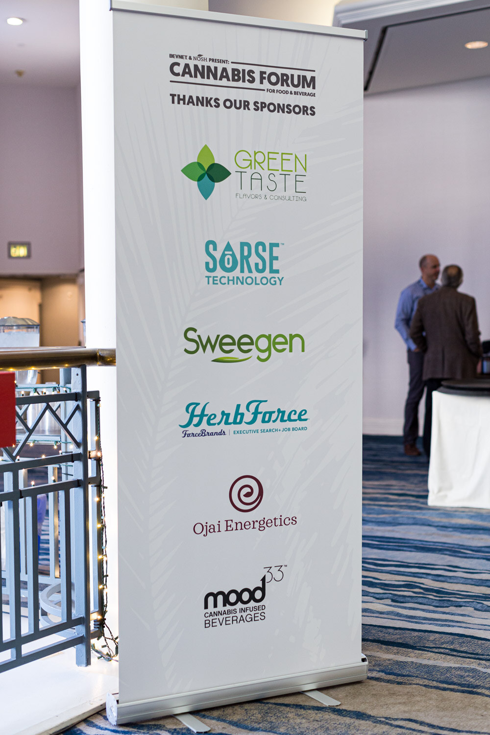 A tall white banner reading Cannabis Forum Thanks Our Sponsors lists Green Taste, Sorse Technology, Sweegen, HerbForce, Ojai Energetics and Mood33.