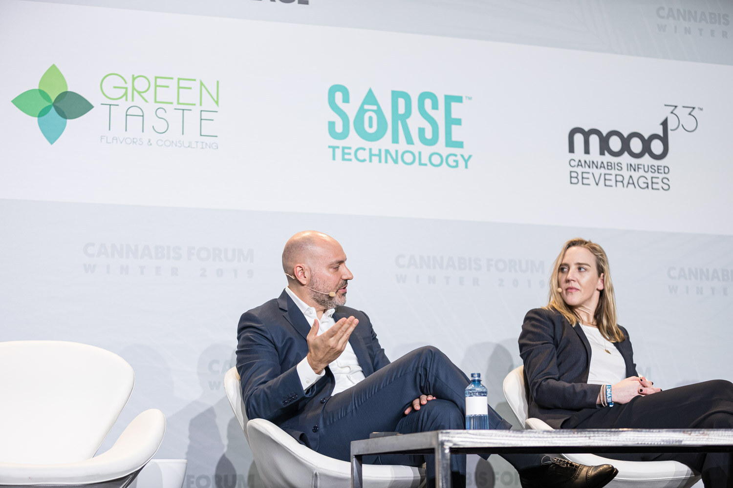A bald man in a navy suit gestures as he speaks and a woman in a dark blazer listens, both seated in white chairs in front of the Green Taste, Sorse and Mood33 logos.