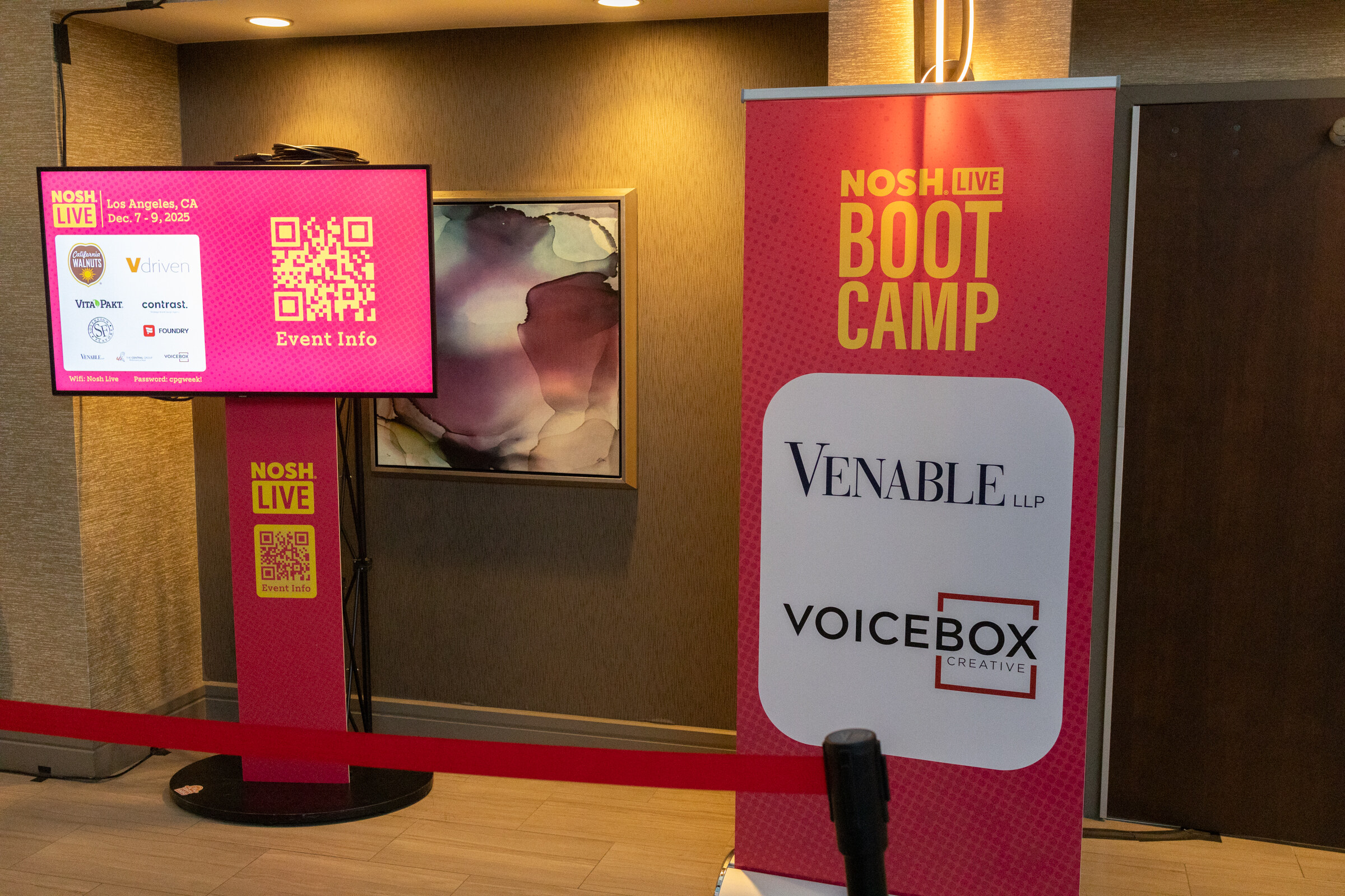 A pink Nosh Live Boot Camp banner with Venable and Voicebox logos next to a Nosh Live event info screen.