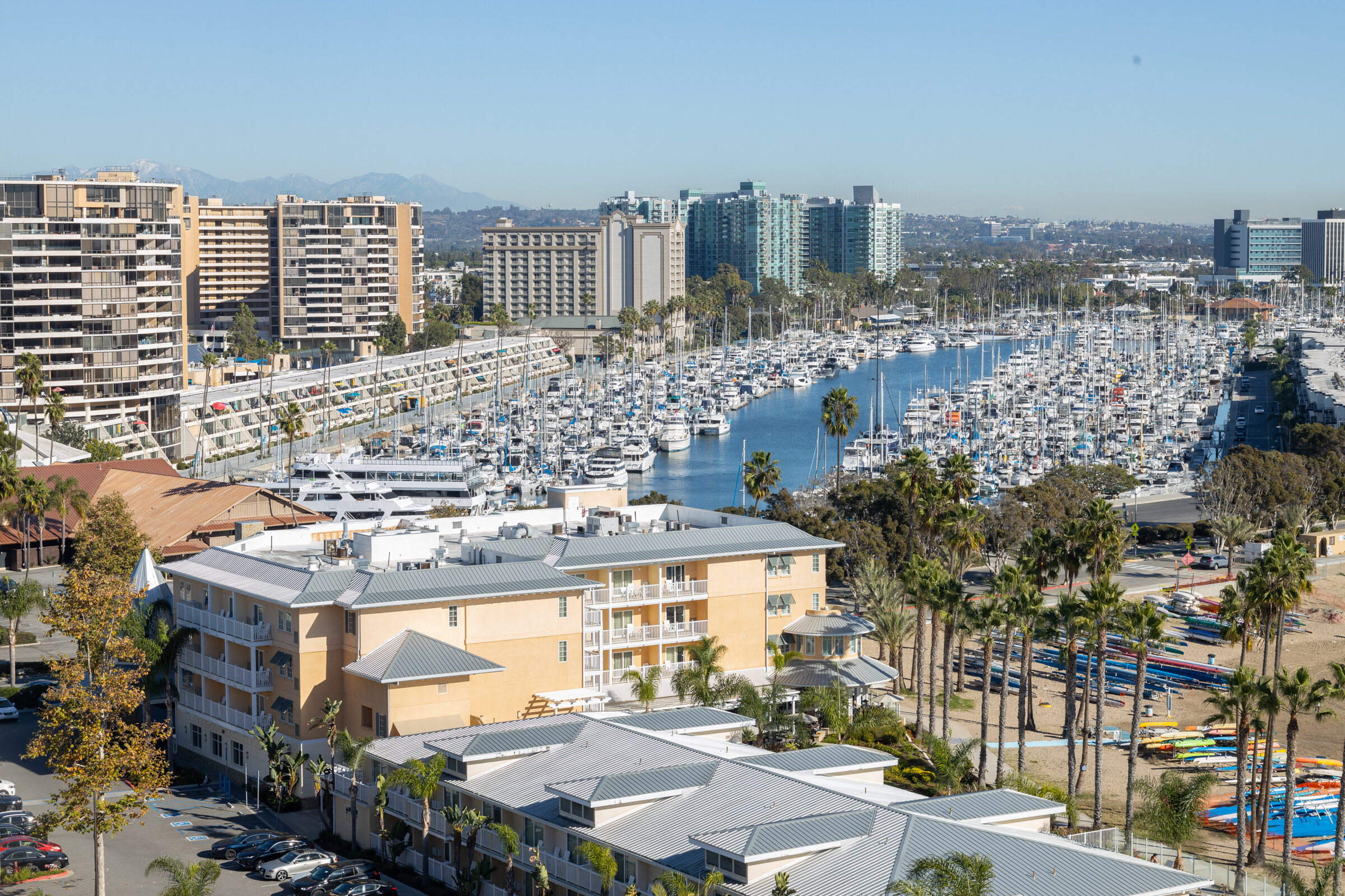 A marina full of boats seen over a waterfront hotel roof and palm trees.