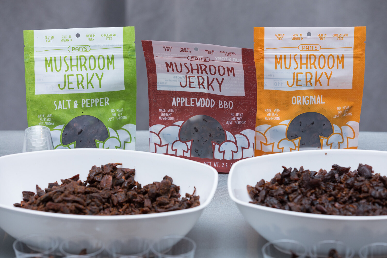 Pan's Mushroom Jerky flavors in sample bowls