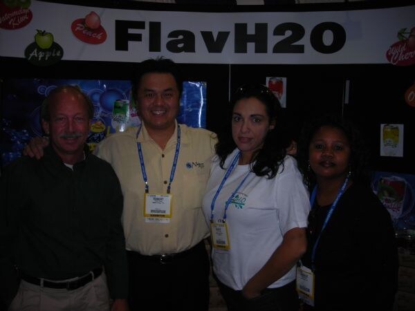 Terry Shindle, Robert Chang, Nancy Adame and Candice White of FlavH2O at the FlavH2O exhibit at NACS 2007. The photo is unavailable.