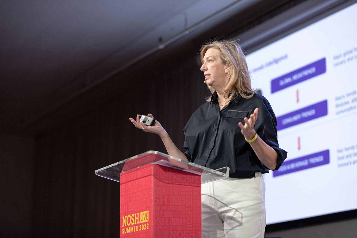 Woman in a black shirt and white pants holding a clicker beside a podium, with a purple flowchart slide behind her.