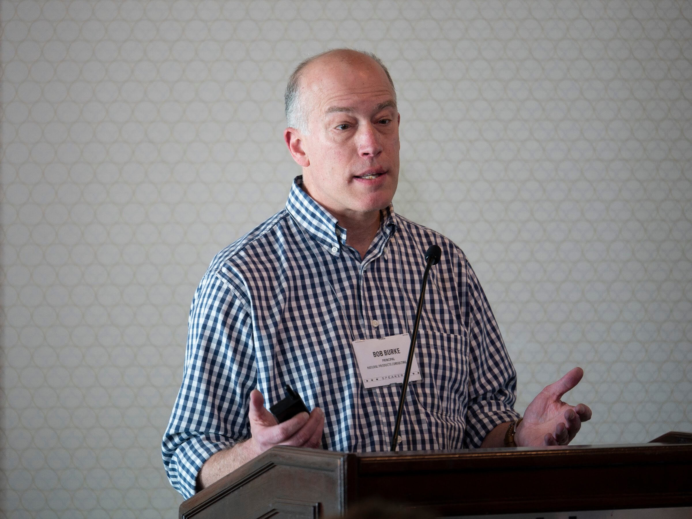 A man in a gingham shirt speaks into a lectern microphone.