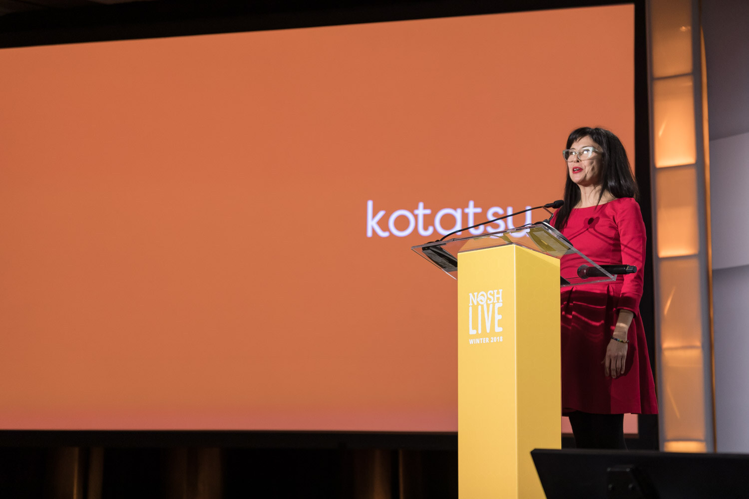 A woman in a red dress stands at the lectern as a slide reading kotatsu fills the screen.