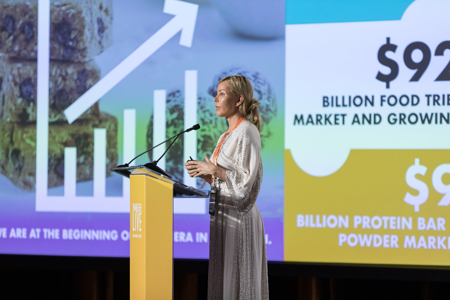 A woman in a patterned robe presents at the lectern with a slide about the protein bar powder market.
