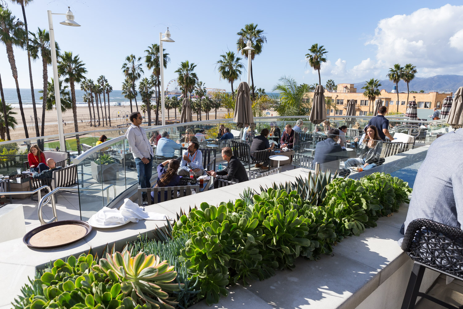 The hotel terrace with palm trees, beachfront and a Ferris wheel in the distance.