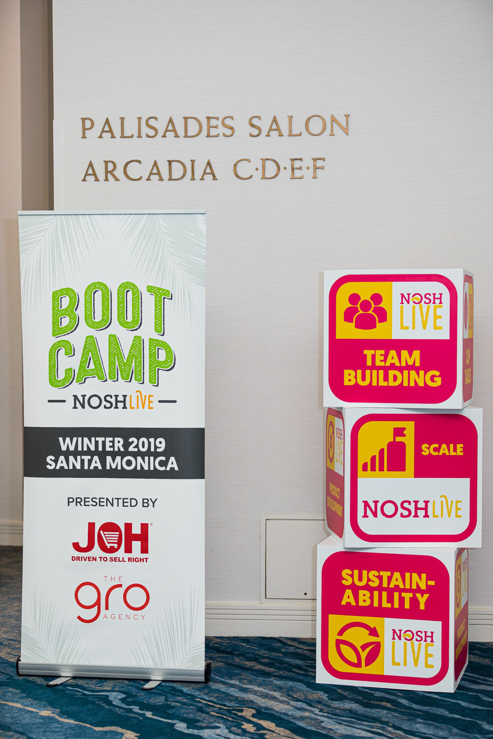 A Boot Camp Nosh Live Winter 2019 Santa Monica banner presented by JOH and GRO next to stacked Nosh Live topic boxes