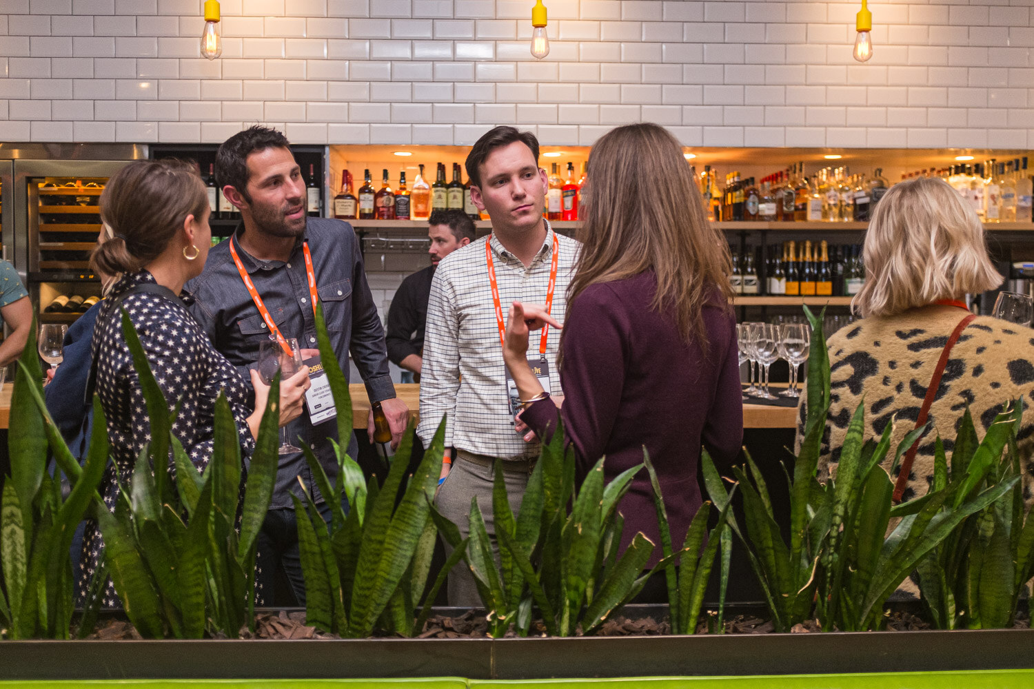Several guests with lanyards talking at a restaurant bar behind a planter of sansevieria
