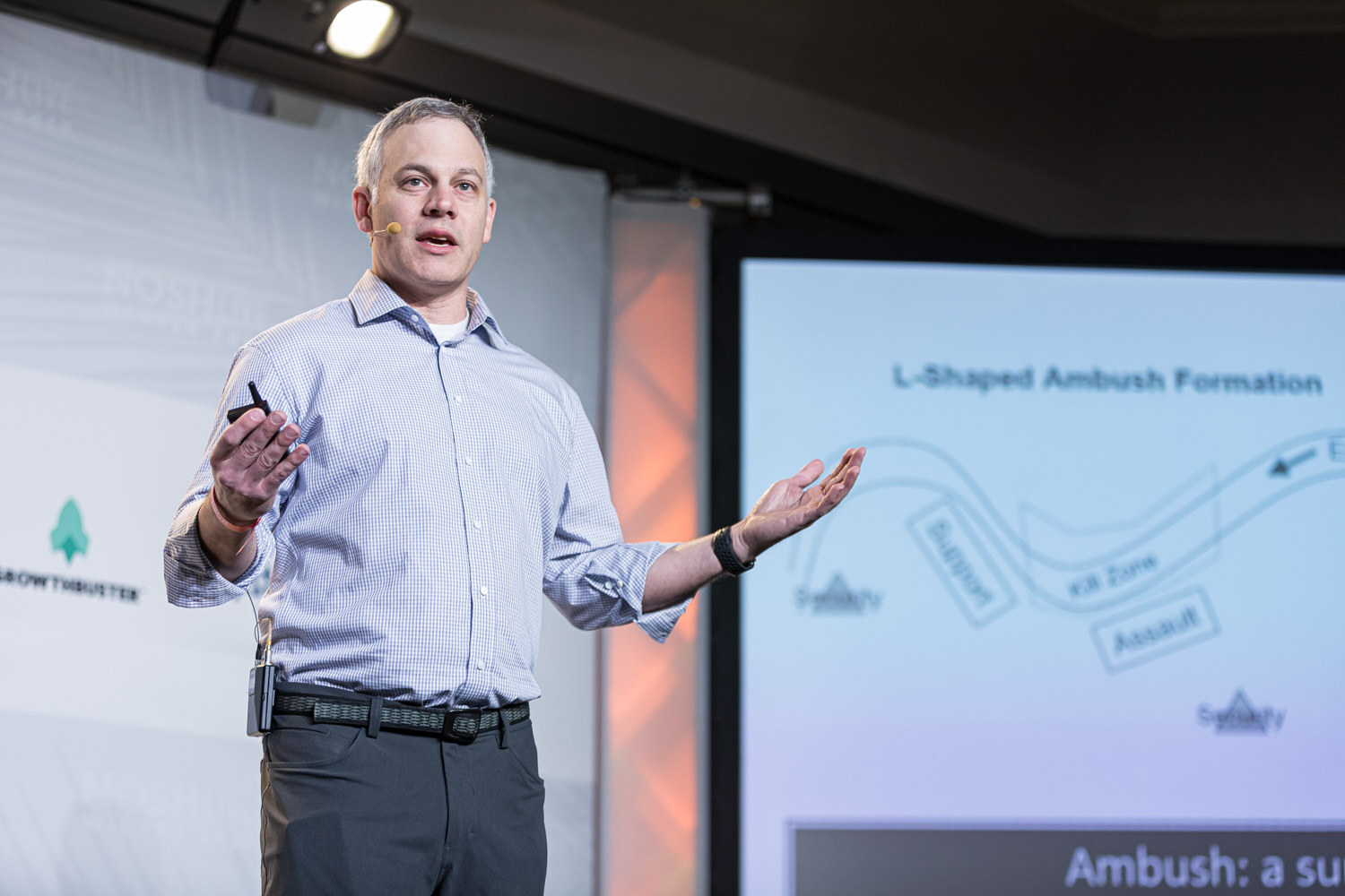 A man gesturing toward a slide showing an ambush formation diagram