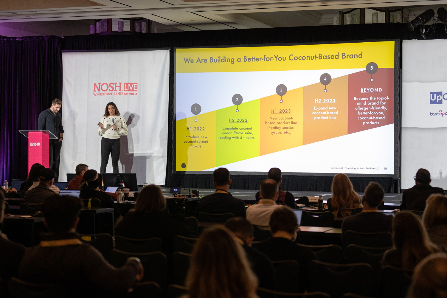 Woman in a polka-dot sweater standing on stage beside a podium with a man, next to a yellow roadmap slide about a coconut-based brand, with audience members in the foreground.